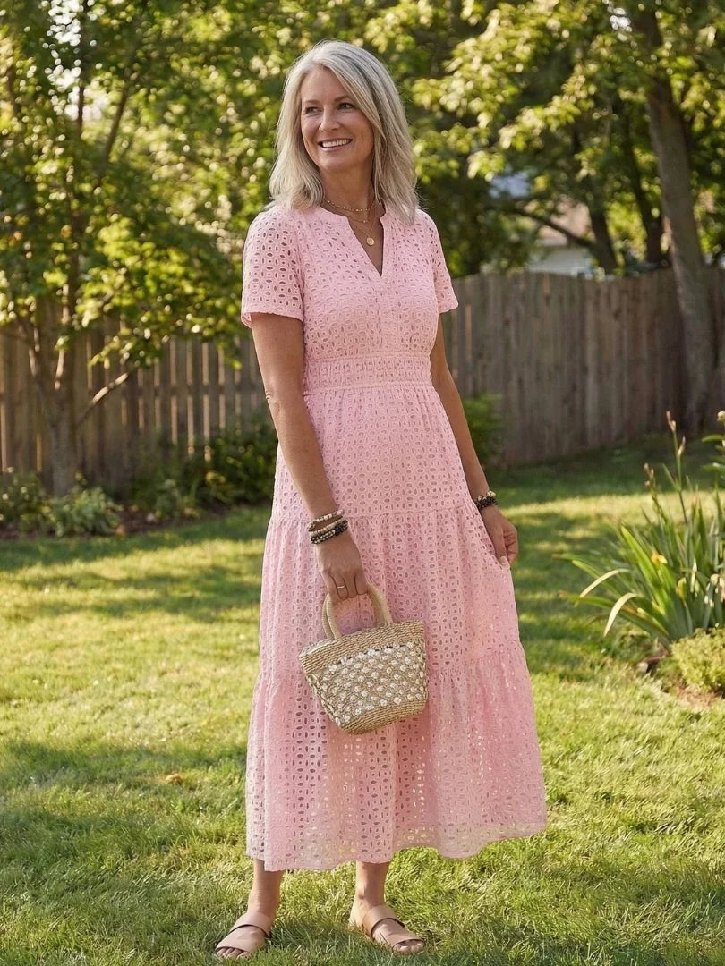 Inés | Vestido Midi de Algodón con Bordado Inglés Mujer Manga Corta