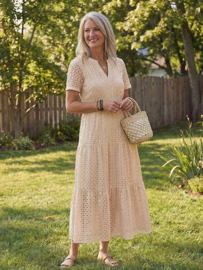 Inés | Vestido Midi de Algodón con Bordado Inglés Mujer Manga Corta