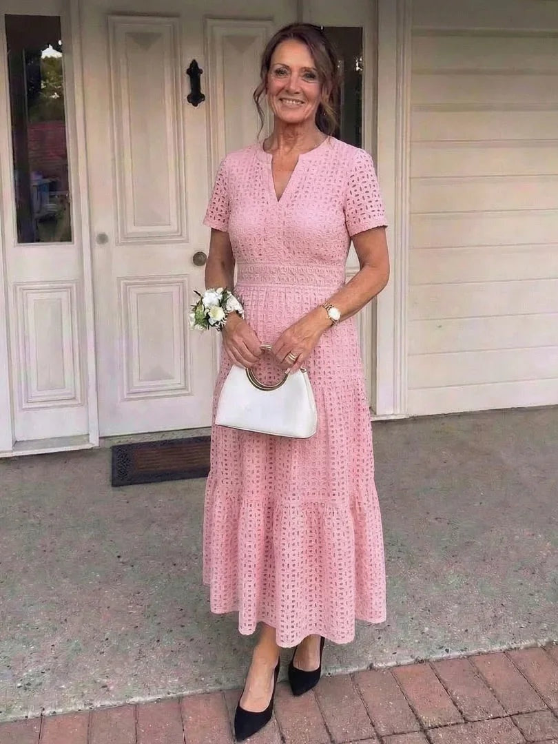 Inés | Vestido Midi de Algodón con Bordado Inglés Mujer Manga Corta