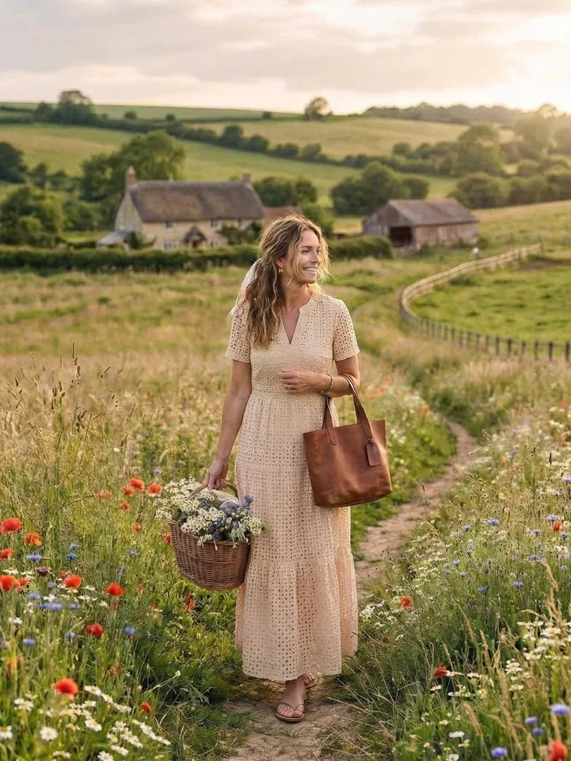 Inés | Vestido Midi de Algodón con Bordado Inglés Mujer Manga Corta