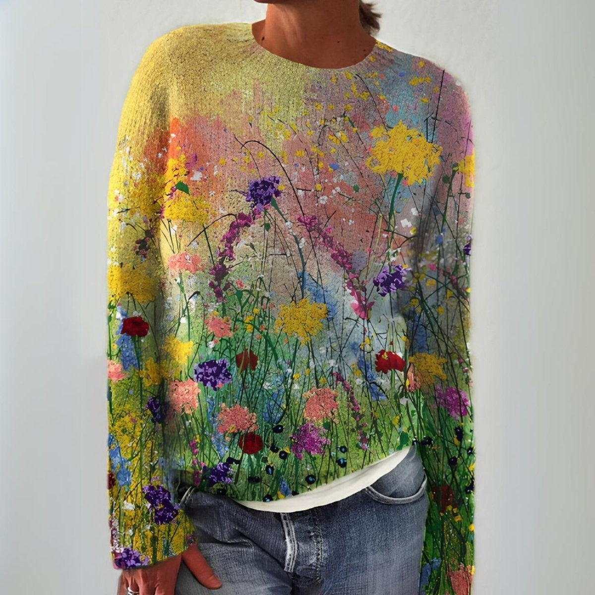 Irene | Jersey Fino Estampado Floral Mujer Manga Larga Cuello Redondo