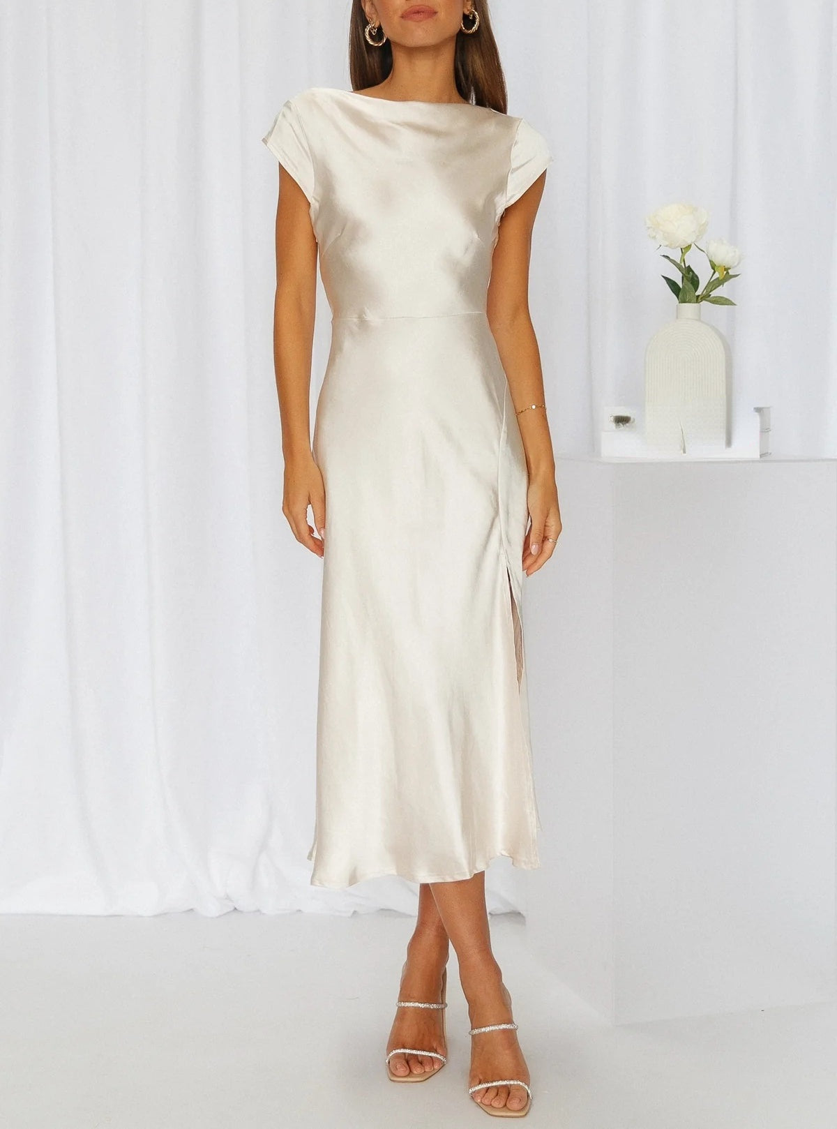 Irene | Vestido de Fiesta Midi Lencero Mujer Manga Corta
