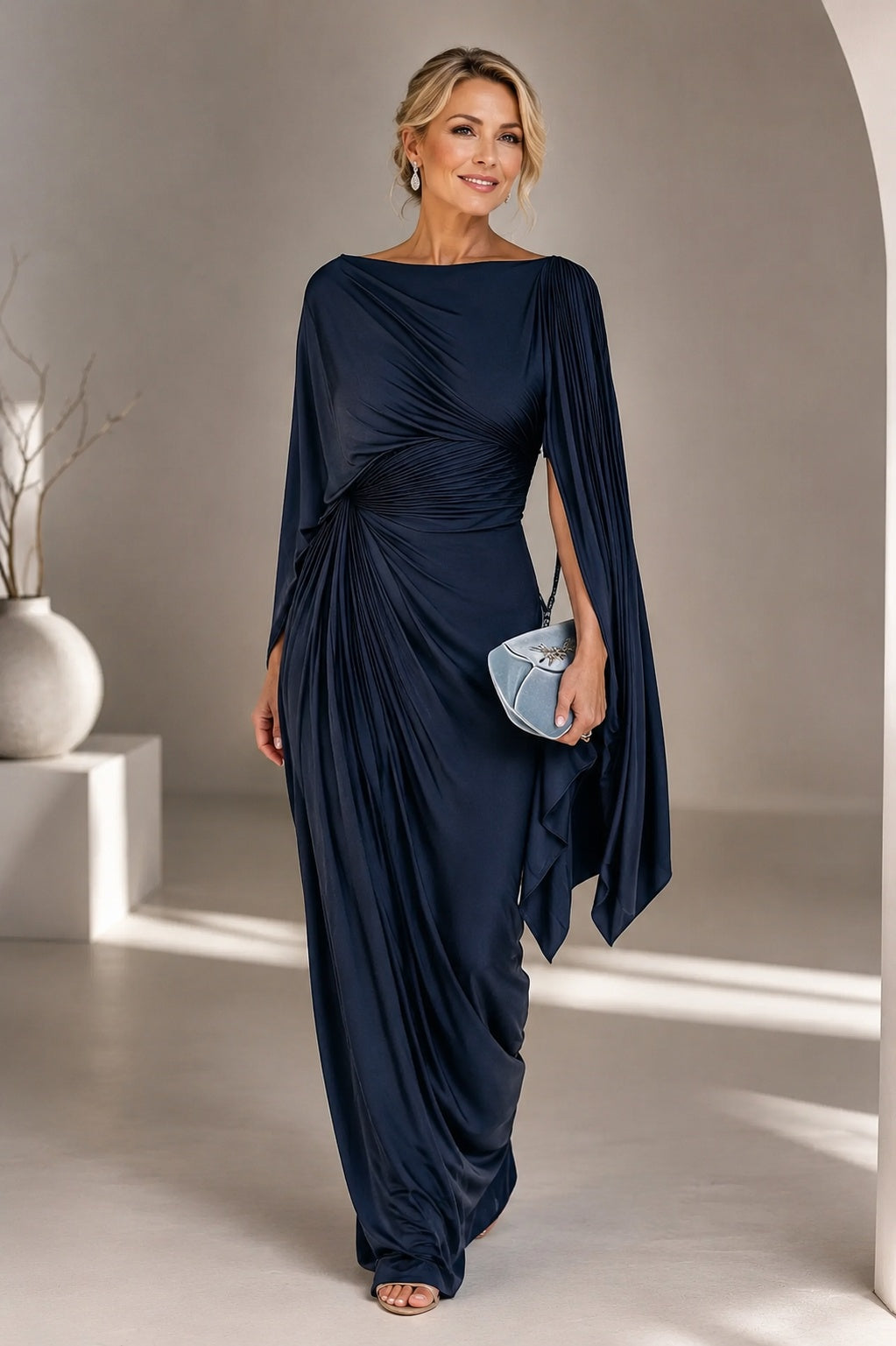 Irene | Vestido Largo Invitada Boda Invierno Mujer Manga Capa Drapeado