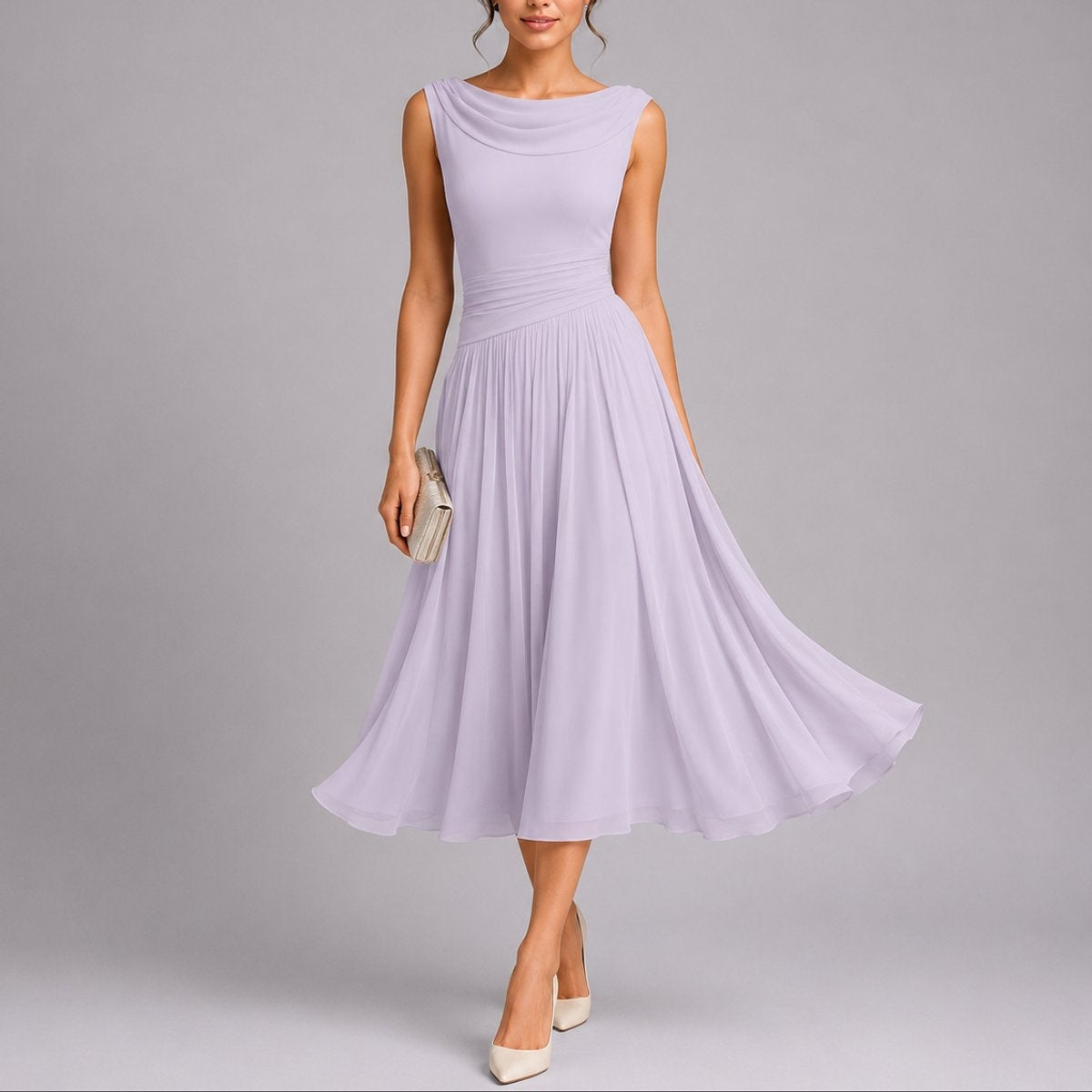 Irene | Vestido Midi Plisado de Invitada Otoño Mujer Sin Mangas