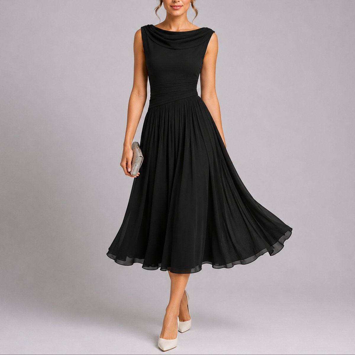 Irene | Vestido Midi Plisado de Invitada Otoño Mujer Sin Mangas