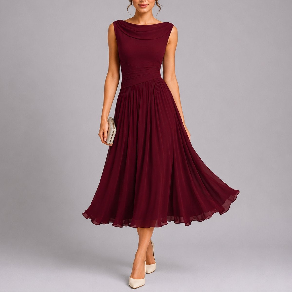 Irene | Vestido Midi Plisado de Invitada Otoño Mujer Sin Mangas