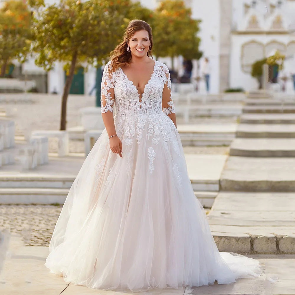 Isabela | Vestido de Novia Princesa Mujer Encaje Manga Tres Cuartos
