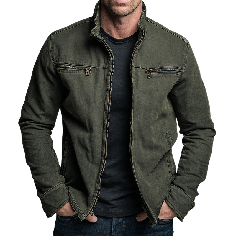 Iván | Cazadora Militar de Algodón Hombre Cuello Alzado Multibolsillos