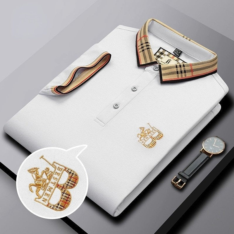 Iván | Polo Blanco Hombre Cuello Cuadros Bordado