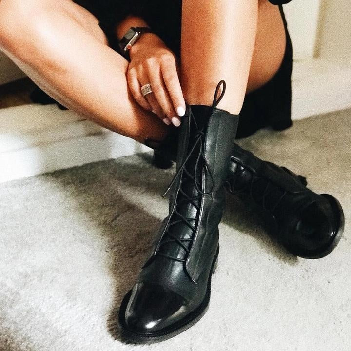 Jimena | Botas Planas de Piel con Cordones Mujer Caña Media