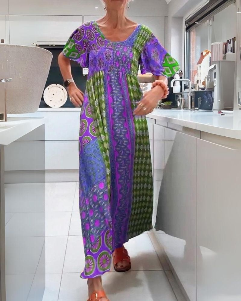 Jimena | Vestido Largo Boho Mujer Estampado Étnico Manga Corta