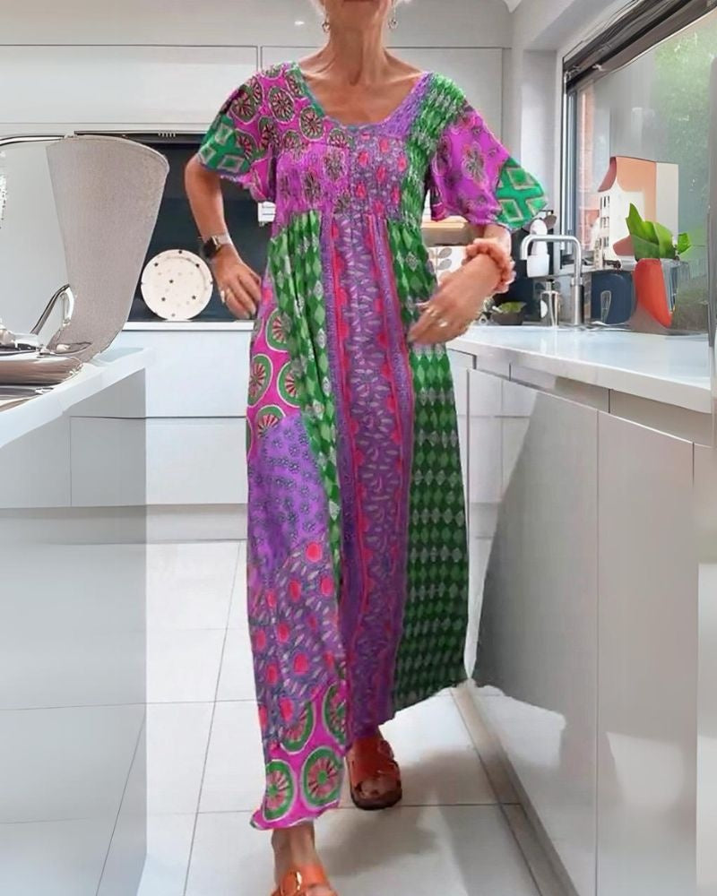 Jimena | Vestido Largo Boho Mujer Estampado Étnico Manga Corta