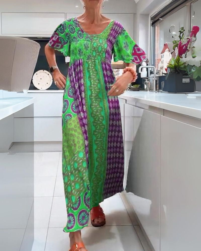 Jimena | Vestido Largo Boho Mujer Estampado Étnico Manga Corta