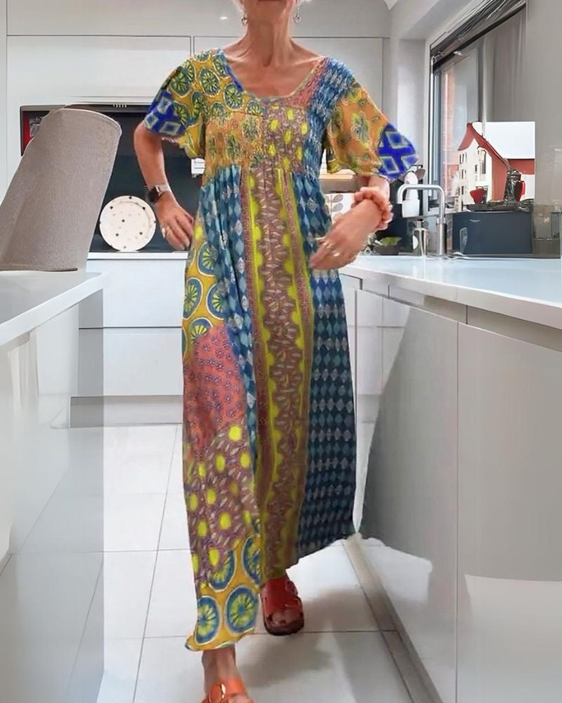 Jimena | Vestido Largo Boho Mujer Estampado Étnico Manga Corta