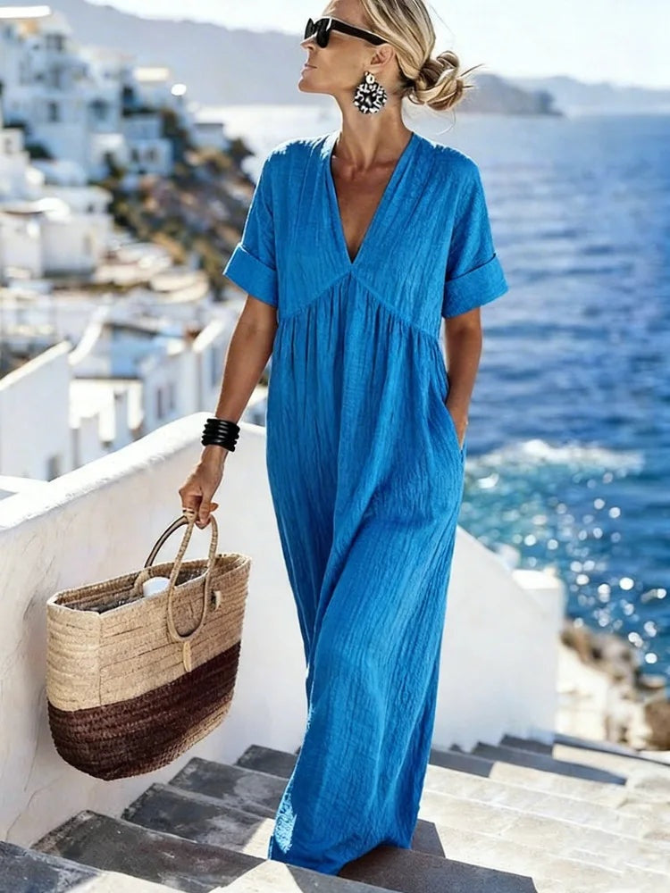 Laia | Vestido Largo Casual Escote V Mujer Manga Corta
