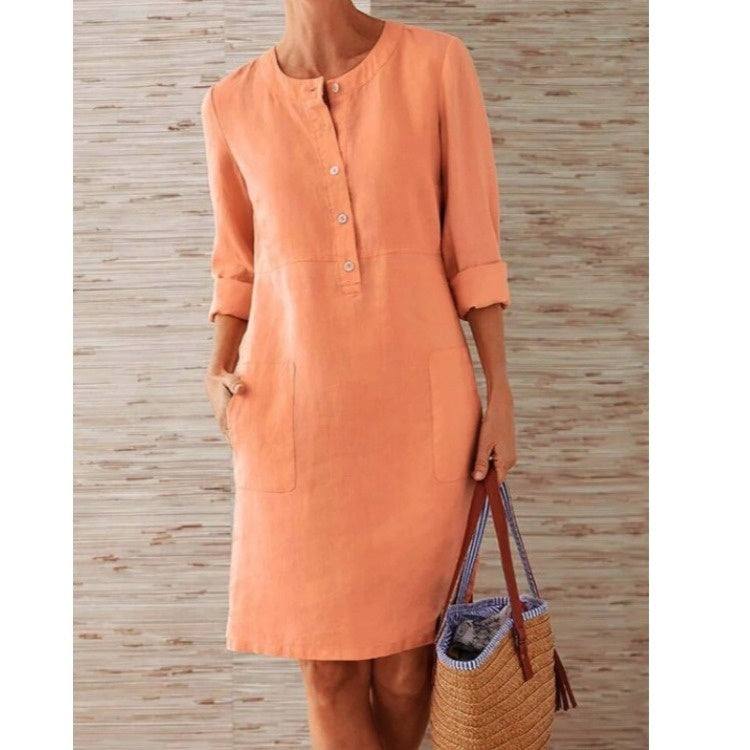 Laia | Vestido Midi Casual con Botones Mujer Manga Larga Bolsillos