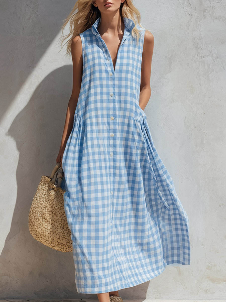 Laura | Vestido Largo Camisero de Verano Mujer Sin Mangas Cuadros