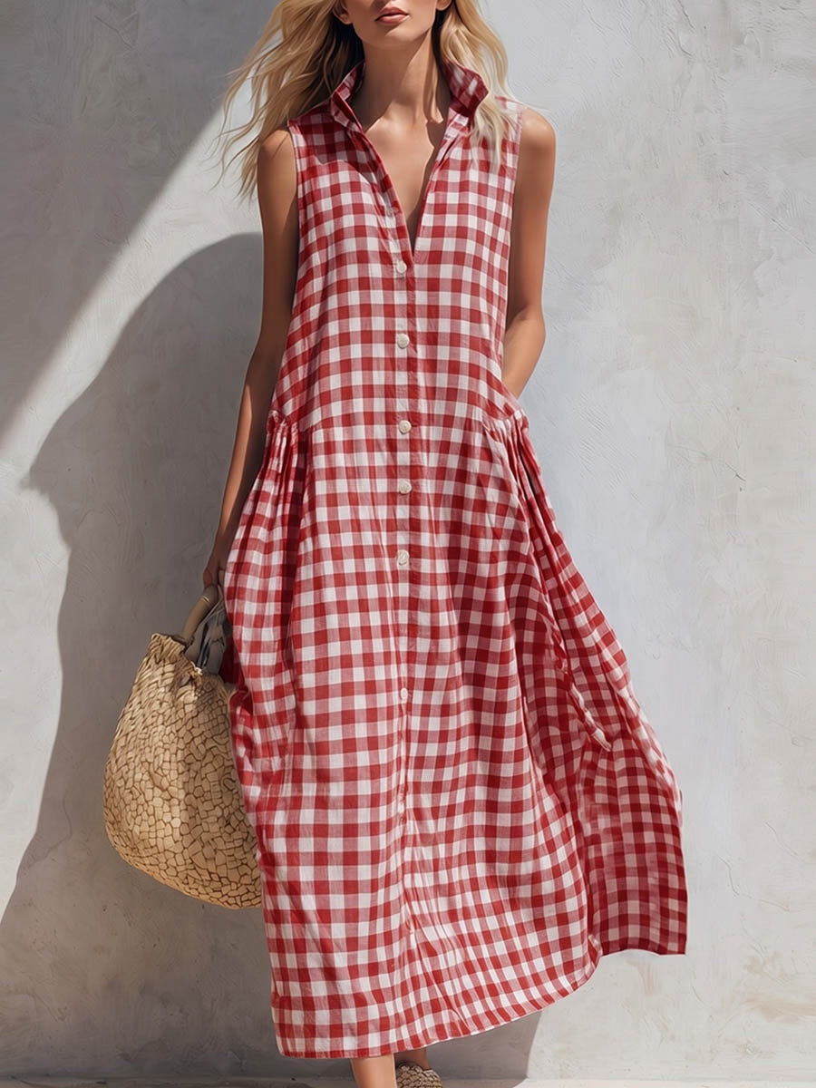 Laura | Vestido Largo Camisero de Verano Mujer Sin Mangas Cuadros