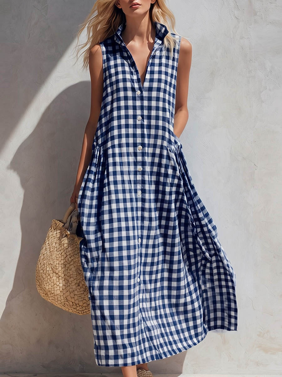 Laura | Vestido Largo Camisero de Verano Mujer Sin Mangas Cuadros