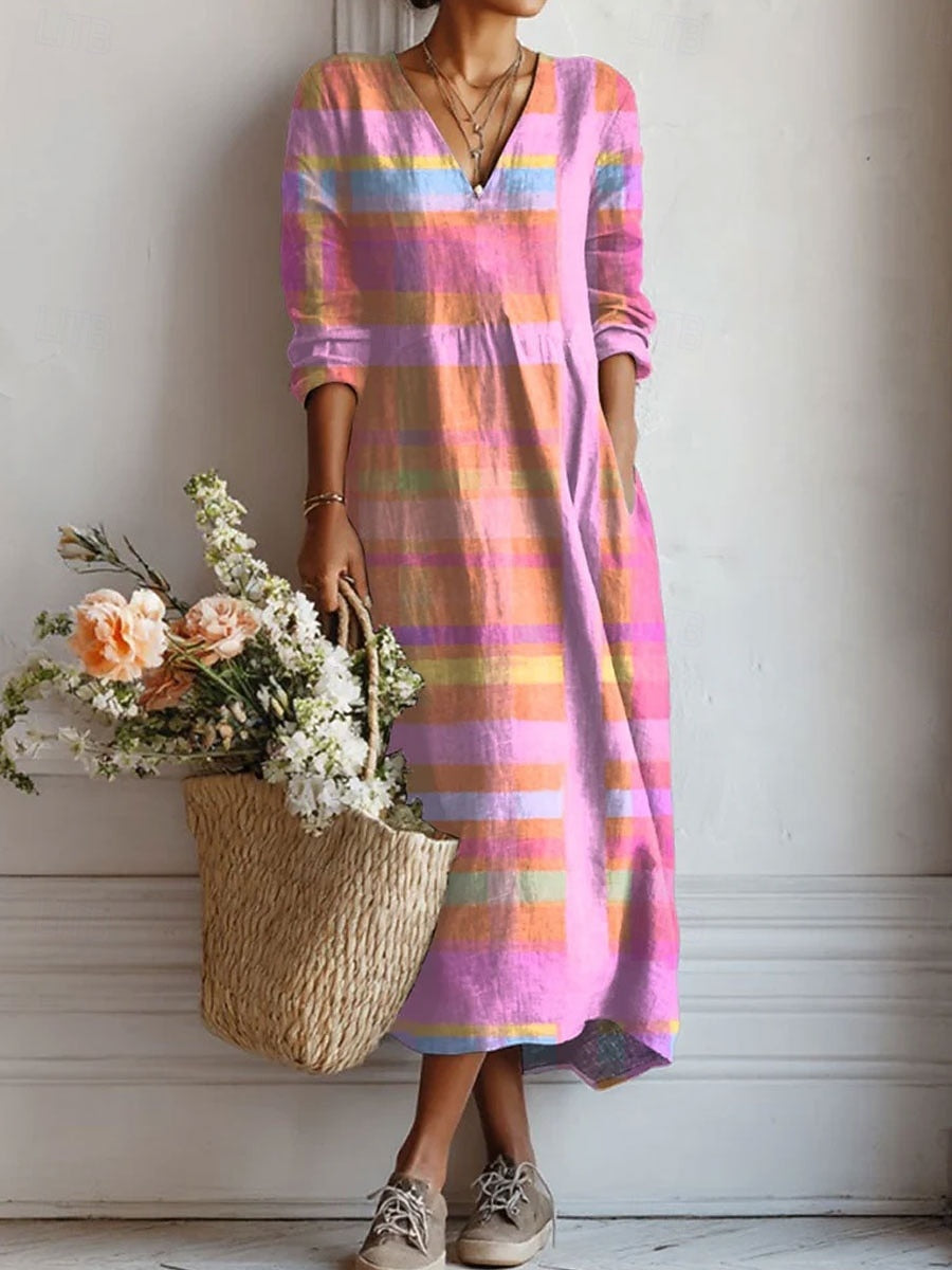 Laura | Vestido Largo Casual Estampado Mujer Manga Larga Escote V