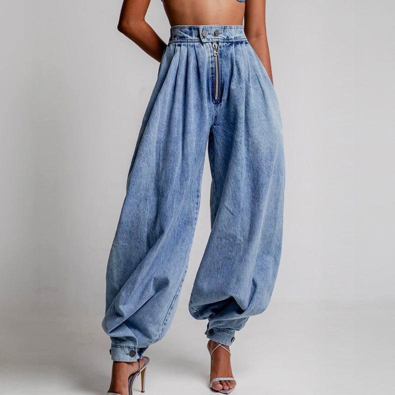 Leire | Vaqueros Baggy de Cintura Alta Mujer Plisados Tobillo