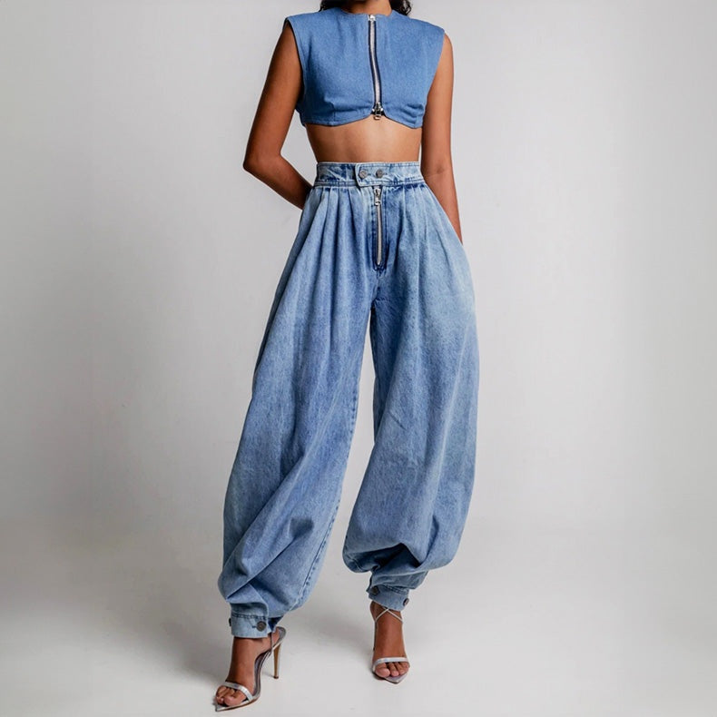 Leire | Vaqueros Baggy de Cintura Alta Mujer Plisados Tobillo