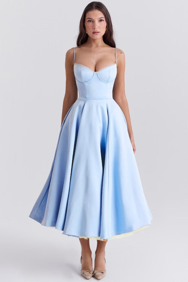 Leire | Vestido de Fiesta Midi Mujer Falda Acampanada Tirantes