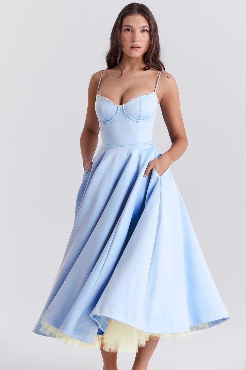 Leire | Vestido de Fiesta Midi Mujer Falda Acampanada Tirantes