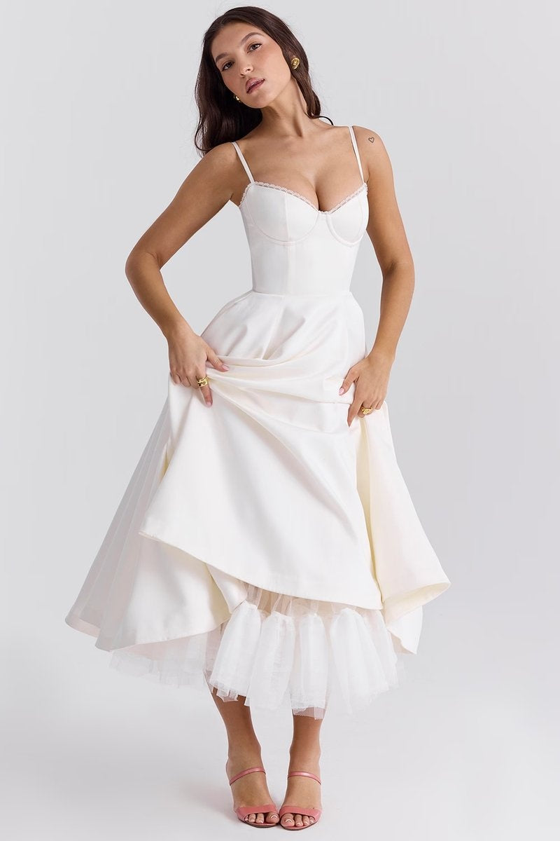 Leire | Vestido de Fiesta Midi Mujer Falda Acampanada Tirantes