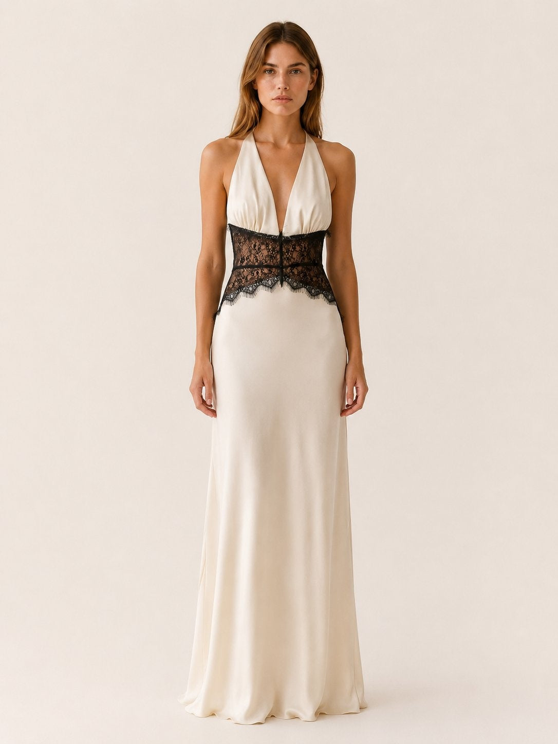 Leire | Vestido Largo de Gala Halter Encaje Mujer Escote V Espalda Descubierta