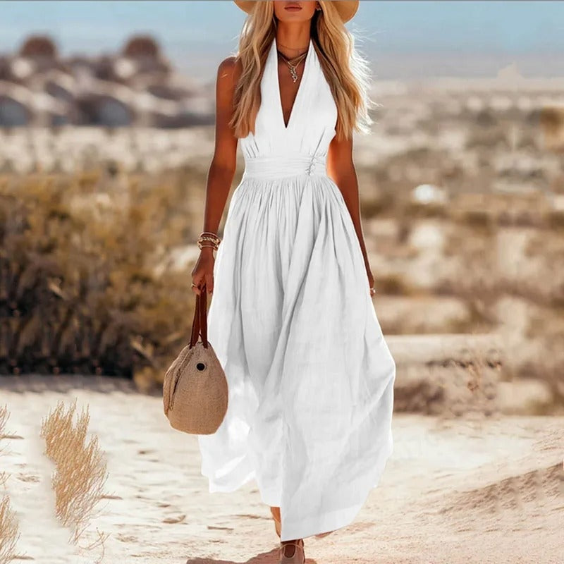 Leire | Vestido Largo de Verano Halter Mujer Escote V Plisado