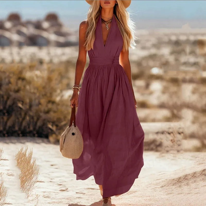 Leire | Vestido Largo de Verano Halter Mujer Escote V Plisado
