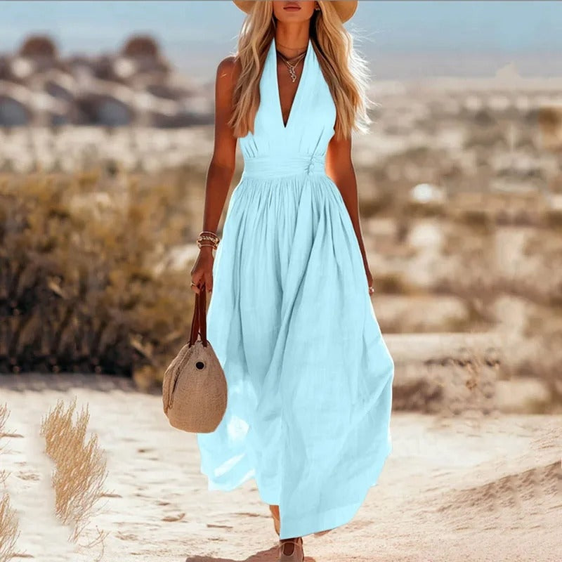 Leire | Vestido Largo de Verano Halter Mujer Escote V Plisado