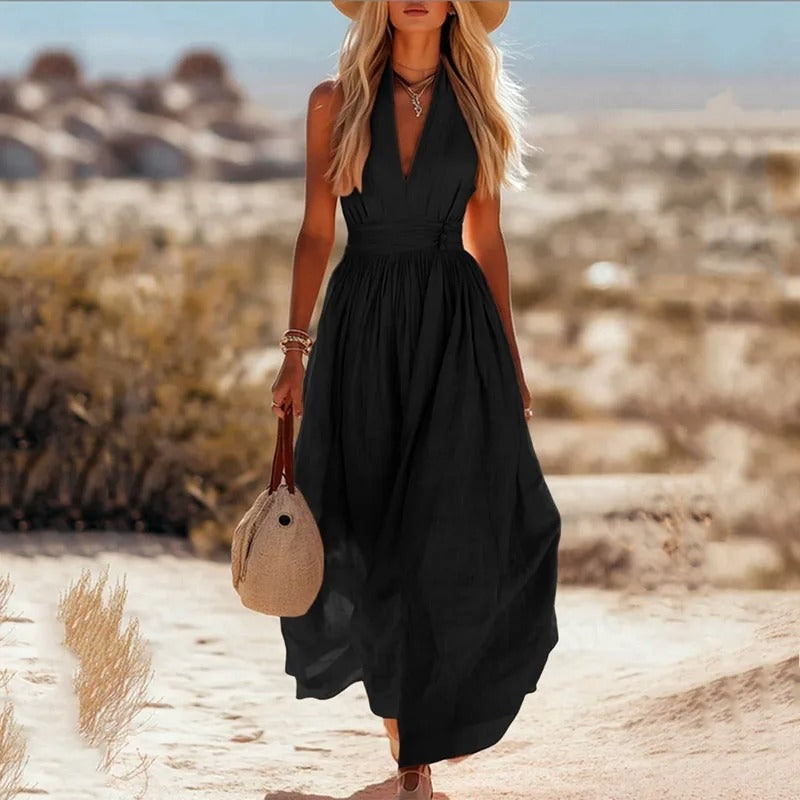 Leire | Vestido Largo de Verano Halter Mujer Escote V Plisado