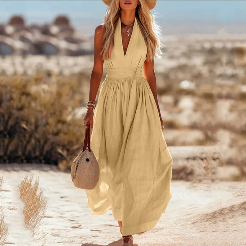 Leire | Vestido Largo de Verano Halter Mujer Escote V Plisado