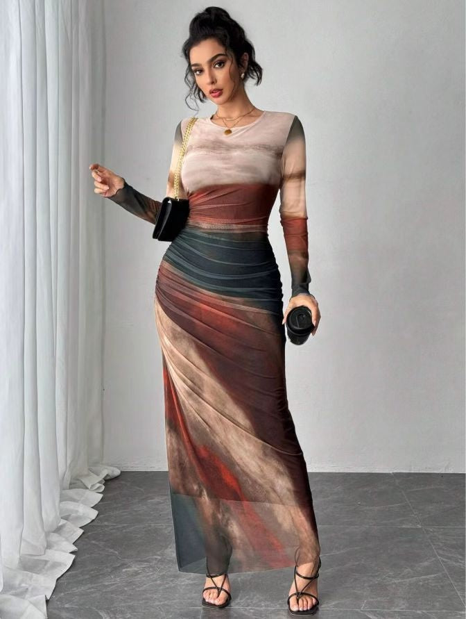 Leticia | Vestido Largo Drapeado Mujer Manga Larga Cuello Redondo