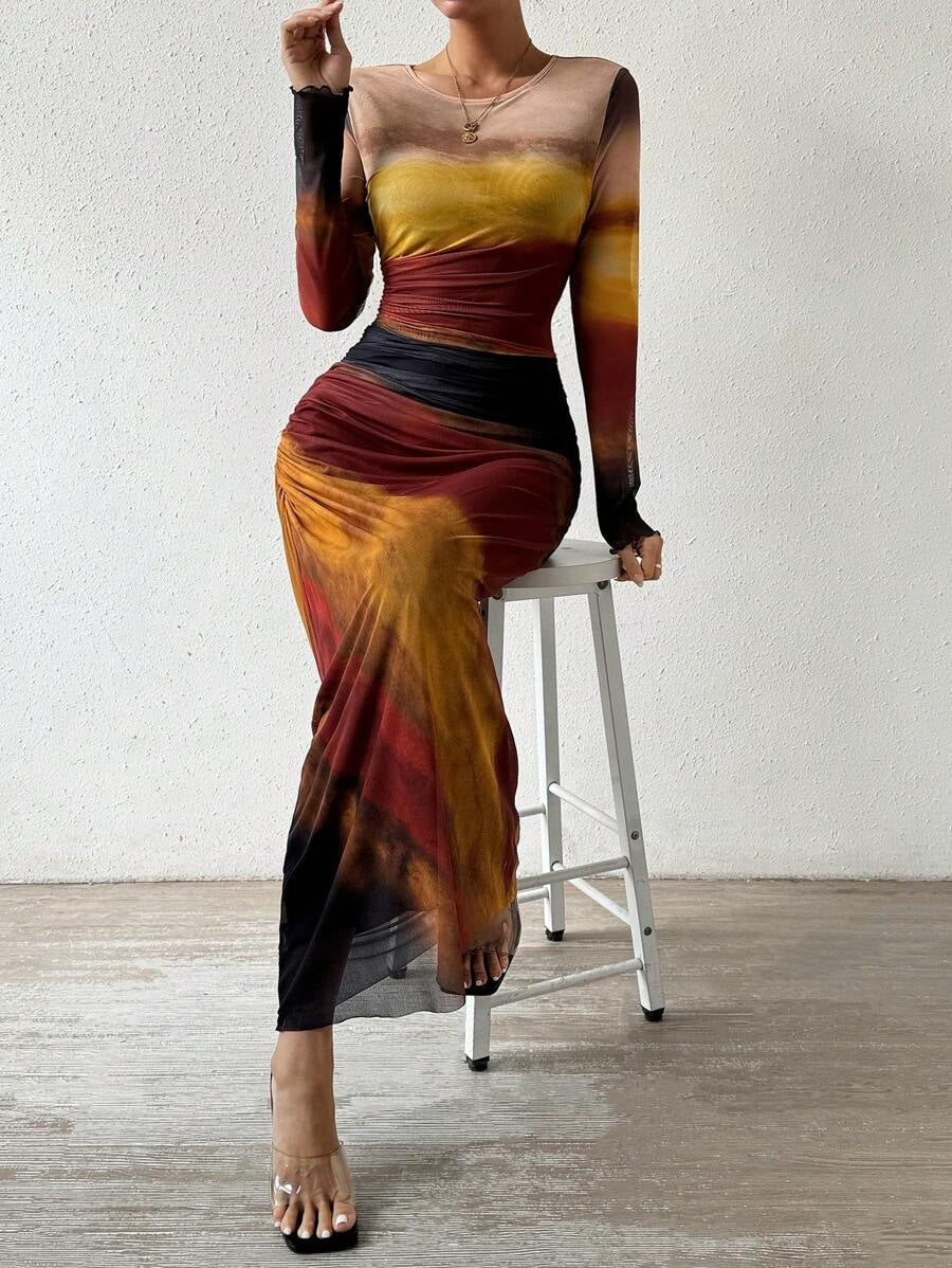 Leticia | Vestido Largo Drapeado Mujer Manga Larga Cuello Redondo