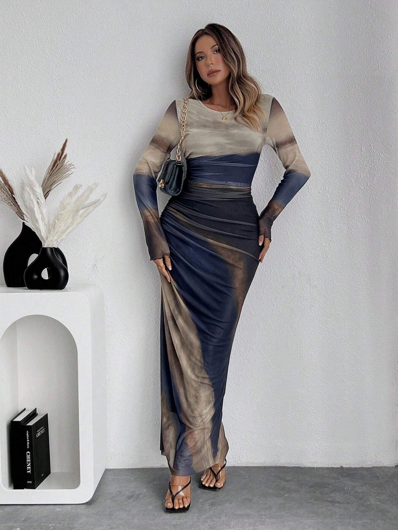 Leticia | Vestido Largo Drapeado Mujer Manga Larga Cuello Redondo