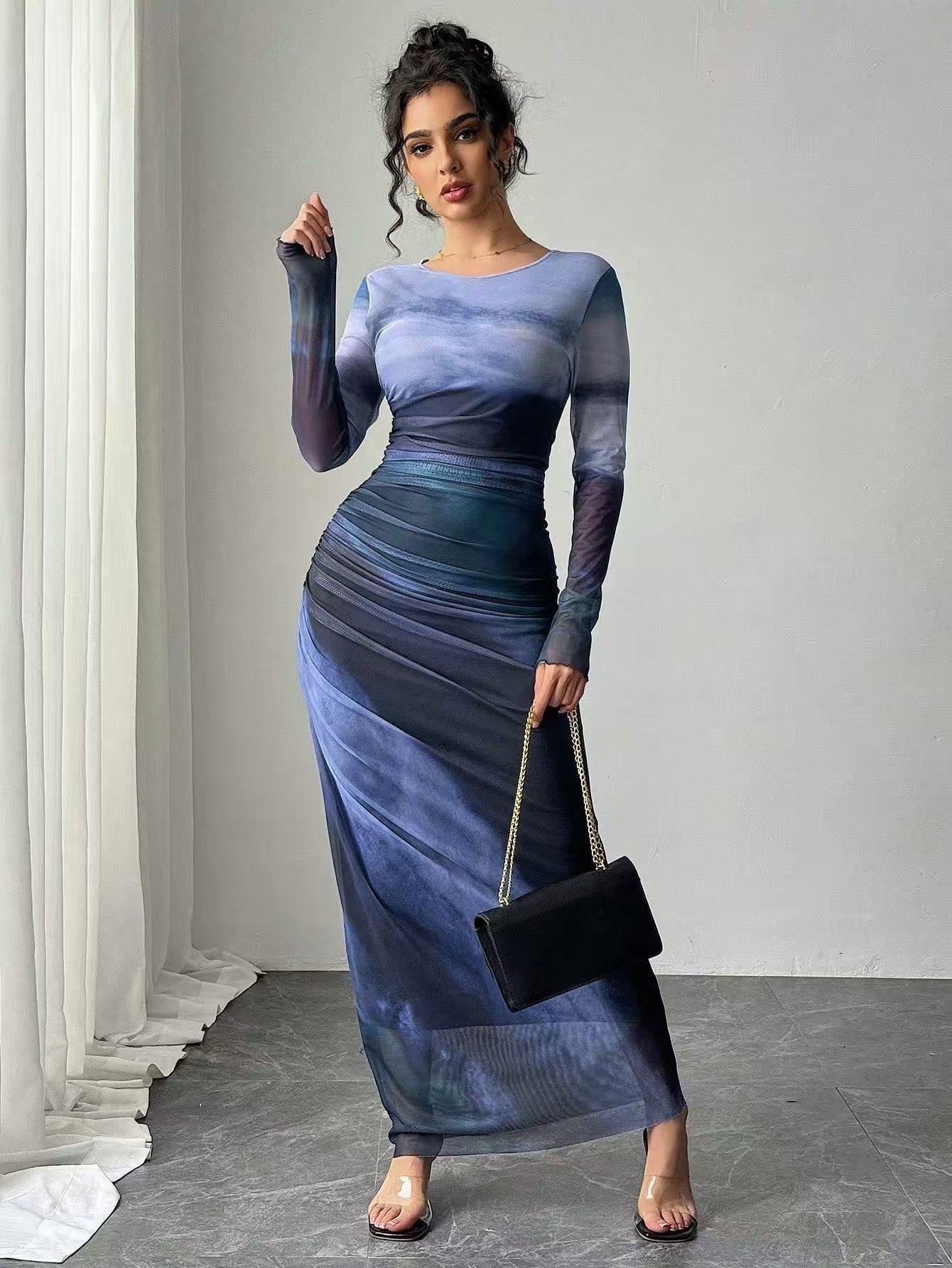 Leticia | Vestido Largo Drapeado Mujer Manga Larga Cuello Redondo