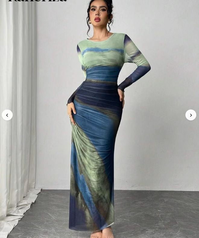 Leticia | Vestido Largo Drapeado Mujer Manga Larga Cuello Redondo