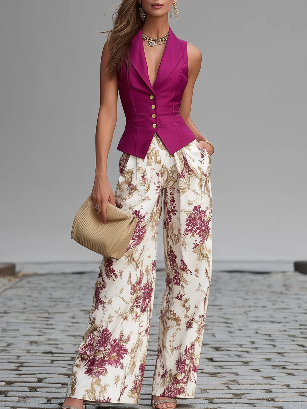 Lidia | Conjunto Gilet con Pantalón de Pierna Ancha Estampado Floral Mujer Elegante