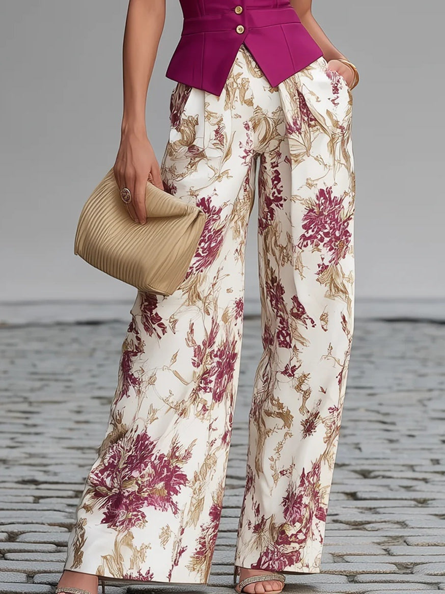 Lidia | Conjunto Gilet con Pantalón de Pierna Ancha Estampado Floral Mujer Elegante