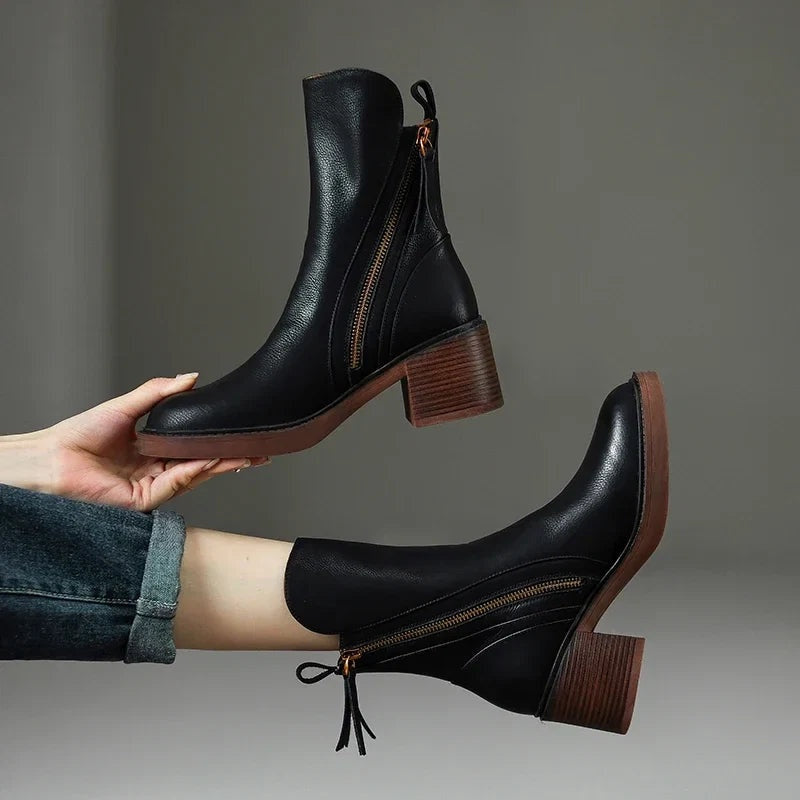 Lola | Botines de Piel con Tacón de Bloque Mujer Cremallera Lateral