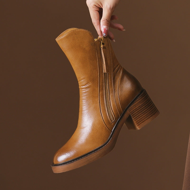 Lola | Botines de Piel con Tacón de Bloque Mujer Cremallera Lateral
