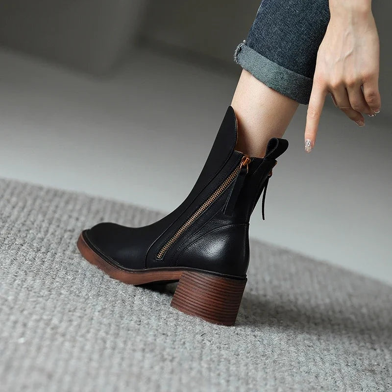 Lola | Botines de Piel con Tacón de Bloque Mujer Cremallera Lateral