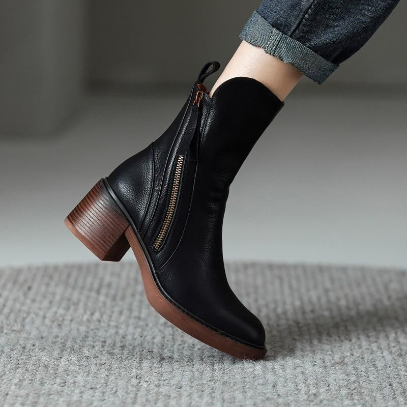 Lola | Botines de Piel con Tacón de Bloque Mujer Cremallera Lateral