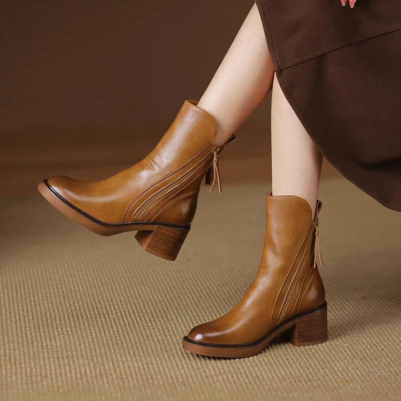 Lola | Botines de Piel con Tacón de Bloque Mujer Cremallera Lateral