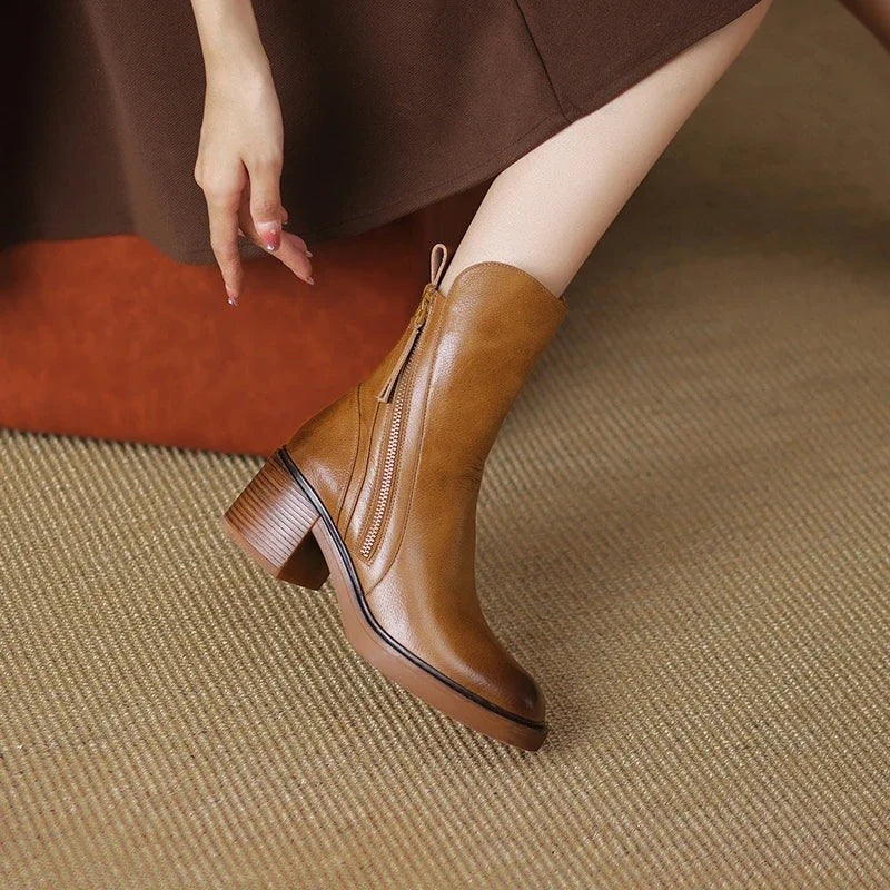 Lola | Botines de Piel con Tacón de Bloque Mujer Cremallera Lateral