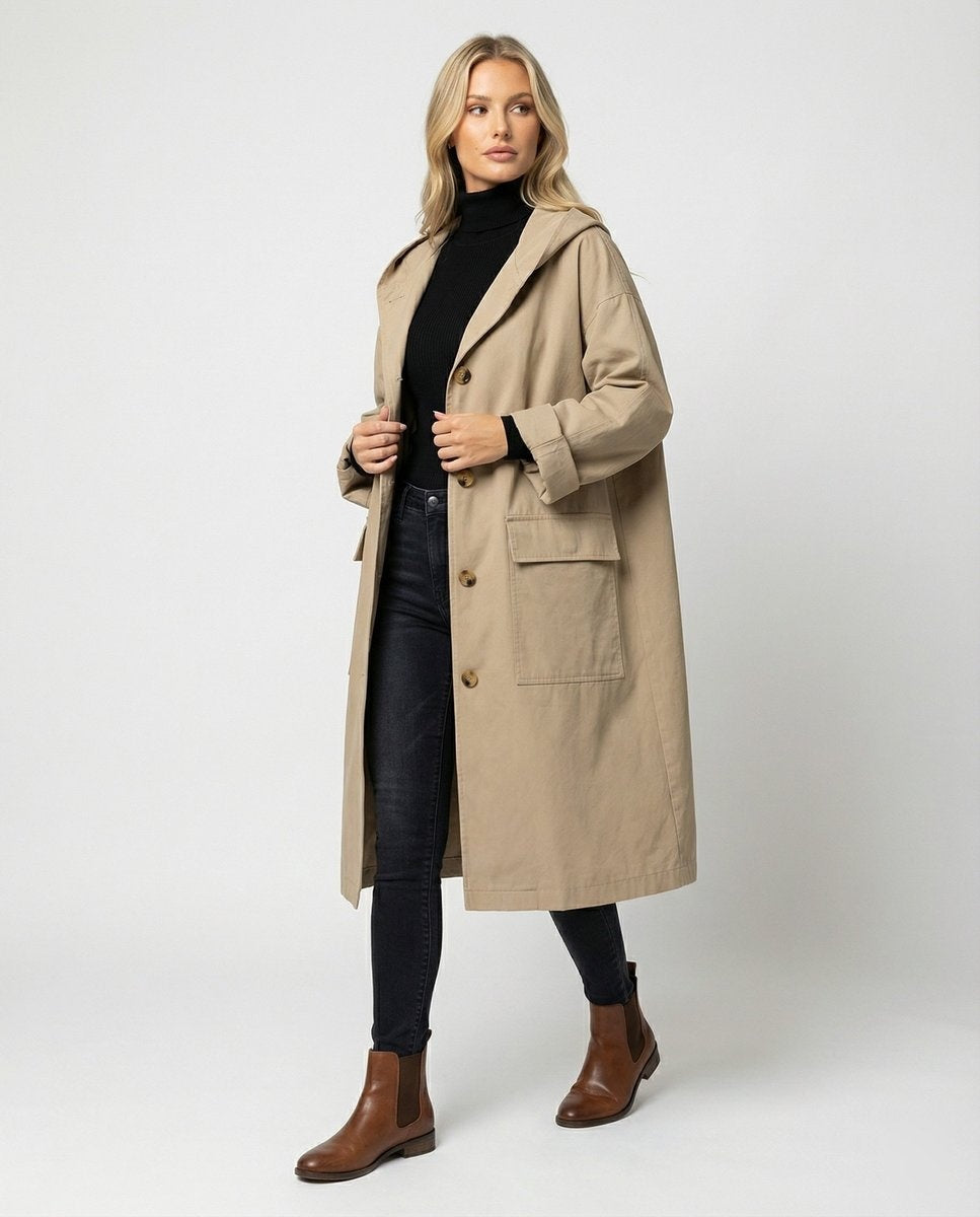 Lola | Gabardina Larga Impermeable Mujer con Capucha Botones