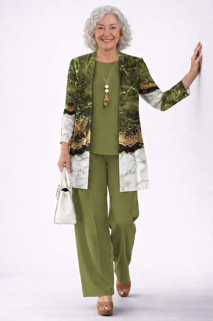 Lorena | Conjunto de 3 Piezas Estampado Tropical Mujer Pantalón Recto